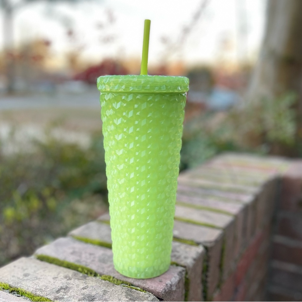 Lime green stud Starbucks-inspired cup with lid